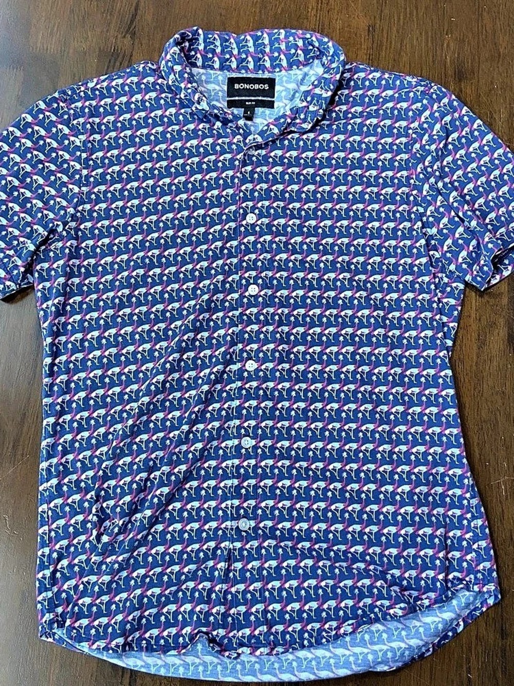 Bonobos Riviera Shirt Mens S Blue "This Weird Bird” Print Short Sleeve Slim Fit